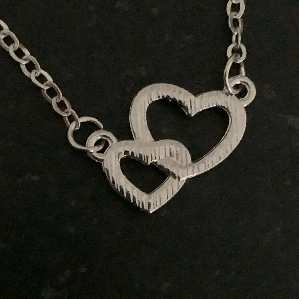 Interlocking Double Hearts Silver Tone Necklace with Rhinestones